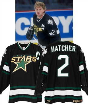 Derian Hatchers 1998-99 Dallas Stars Game-Worn Captains Jersey with Team LOA - Stanley Cup Championship Season! - Team Repairs! - Photo-Matched!