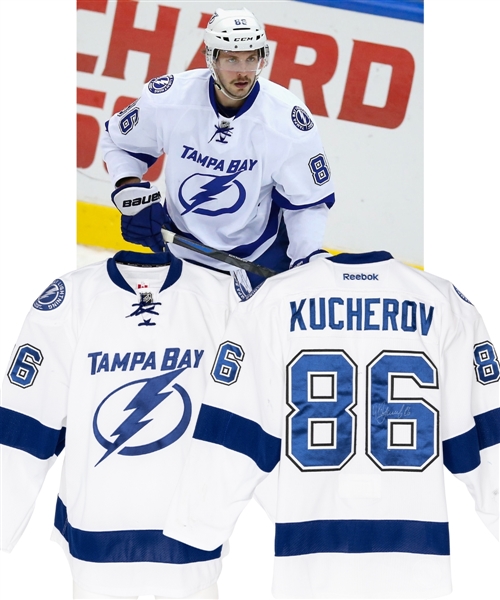 Nikita Kucherovs 2014-15 Tampa Bay Lightning Signed Game-Worn Jersey with Team COA - Photo-Matched! - Team Repairs!