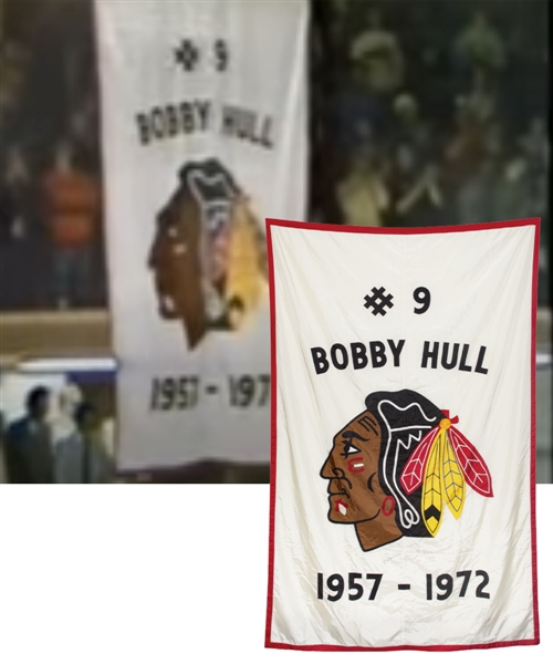 Original 1983 Bobby Hull Signed Chicago Blackhawks Number Retirement Banner that Hung in Chicago Stadium (1983 to Circa 1989) with LOAs (96" x 146")