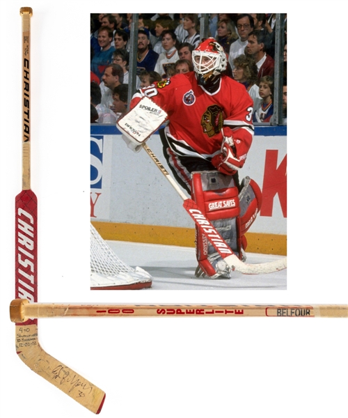 Ed Belfours 1992-93 Chicago Blackhawks Signed Christian 100 Superlite Game-Used Stick - Attributed to 12th Career Shutout on December 12th, 1992 vs Minnesota! - Vezina Trophy Winning Season!