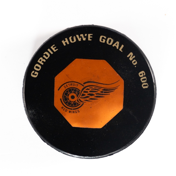 Gordie Howe 1965 Detroit Red Wings 600th Goal Souvenir Puck on "Original Six" Game Puck