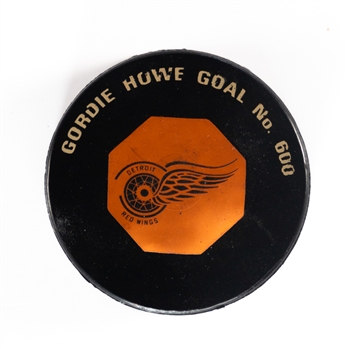 Gordie Howe 1965 Detroit Red Wings 600th Goal Souvenir Puck on "Original Six" Game Puck
