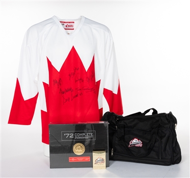 Canada-Russia Series 1972 Multi-Signed Jersey, 40th Anniversary Boxed Card Set, Team Canada Duffle Bag and 72 Complete DVD Set Still Sealed from Frank Mahovlichs Personal Collection with Family LOA 