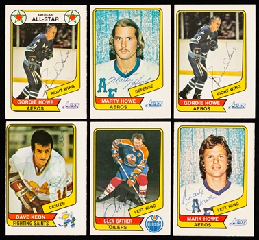 1976-77 O-Pee-Chee WHA Hockey Signed Hockey Cards (36) and 1977-78 O-Pee-Chee WHA Signed Hockey Cards (57) - Includes Gordie Howe (3), Mark Howe (2), Frank Mahovlich (2), Dave Keon and Others