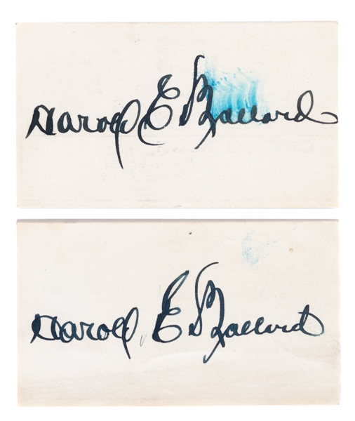 Deceased HOFer Harold Ballard Signed Toronto Maple Leafs Business Cards (2)