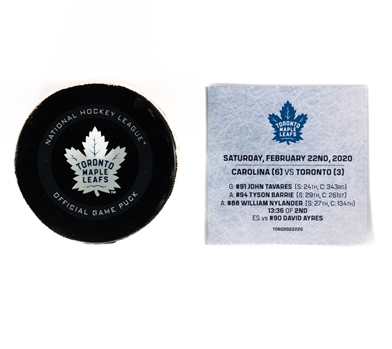 John Tavares Toronto Maple Leafs February 22nd 2020 Goal Puck with COA - First Goal Scored on Emergency Backup Goalie David Ayres - 24th Goal of the Season and 343rd of His Career