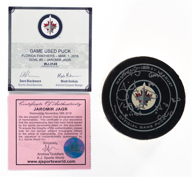 Jaromir Jagrs Florida Panthers March 1st 2016 Goal Puck with COA - Signed by Jagr with Annotations 743rd Goal, 1849th Point, 133rd GWG