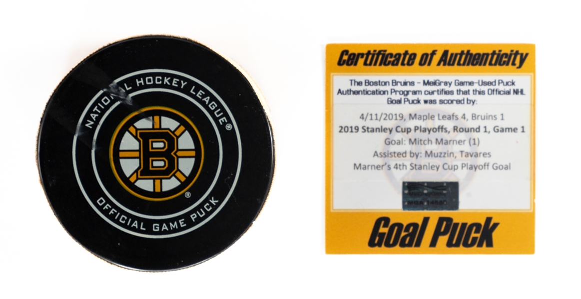 Mitch Marners Toronto Maple Leafs April 11th 2019 Stanley Cup Playoffs Goal Puck with COA - 4th Career Playoffs Goal!