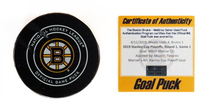 Mitch Marners Toronto Maple Leafs April 11th 2019 Stanley Cup Playoffs Goal Puck with COA - 4th Career Playoffs Goal!