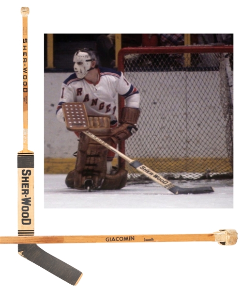 Ed Giacomins Early-1970s New York Rangers Signed Sher-Wood P.M.P. Game-Used Stick with LOA 