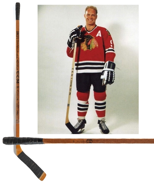 Bobby Hulls Late-1960s Chicago Black Hawks Signed CCM Custom Pro "Banana Hook" Game-Used Stick