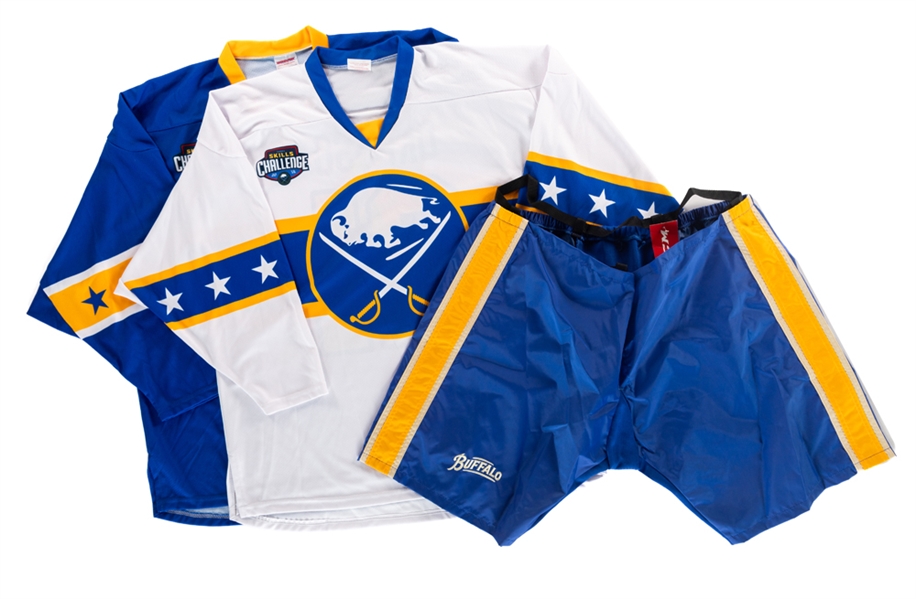 Linus Ullmarks and Kyle Okposos Buffalo Sabres January 6, 2019 "Skills Challenge" Jerseys Plus Sabres Uniform Pant Shells