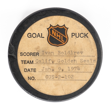 Ivan Boldirevs California Golden Seals Jan. 9th 1974 Goal Puck From Four-Goal Game with NHL Goal-Puck Certificate - 4th Goal of Game Goal Puck - 14th Goal of Season / Career Goal #41 of 361
