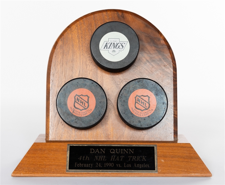 Dan Quinns 1989-90 Vancouver Canucks "4th NHL Hat Trick February 24, 1990 vs Los Angeles" Mounted Puck Display (10")