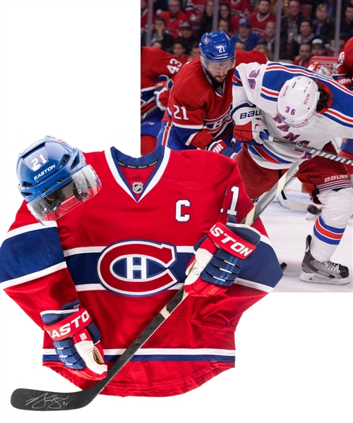 Brian Giontas Montreal Canadiens Game-Used Collection of 4 Including Photo-Matched 2014 Playoffs Captains Jersey, 2013-14 Signed Stick and Helmet Plus 2012-13 Photo-Matched Easton Gloves 