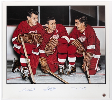 Detroit Red Wings Production Line Limited-Edition Lithograph Autographed by Deceased HOFers Howe, Abel and Lindsay with COA (27" x 29 1/2")