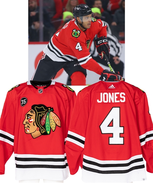 Seth Jones 2021-22 Chicago Blackhawks Game-Worn Jersey - Tony Esposito Memorial Patch! - Photo-Matched!