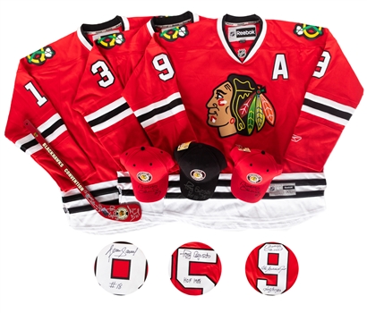 Chicago Black Hawks Autograph Collection including Jerseys and Mini-Stick Signed by Hull, Savard and Esposito and Caps Signed by Hull (2) and Esposito