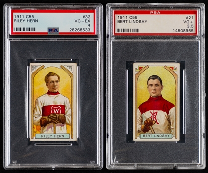 1911-12 Imperial Tobacco C55 PSA-Graded Hockey Cards (2) Including #21 Bert Lindsay Rookie (VG+ 3.5) and #32 HOFer Riley Hern (VG-EX 4)