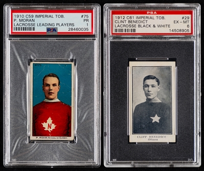 1910-11 Imperial Tobacco C59 Lacrosse Card #75 HOFer Paddy Moran (Graded PSA PR 1) and 1912-13 Imperial Tobacco C61 Lacrosse Card #29 HOFer Clint Benedict (Graded PSA EX-MT 6)