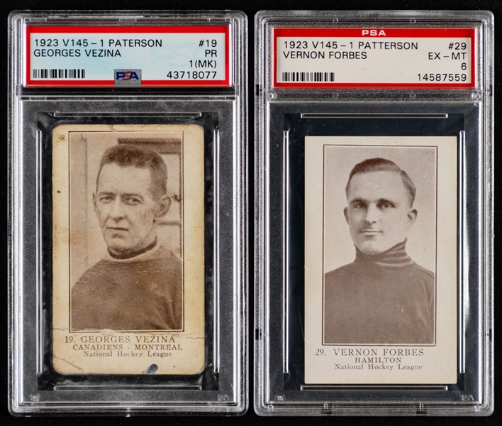 1923-24 William Paterson V145-1 Hockey Cards (5) with PSA-Graded Examples Including #19 HOFer Georges Vezina (PSA 1 MK) - All Goalies