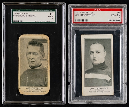 1924-25 William Paterson V145-2 Hockey Cards (5) with Graded Examples Including #43 HOFer Georges Vezina (SGC PR 1) and #10 HOFer Alex Connell (PSA Authentic Altered) - All Goalies
