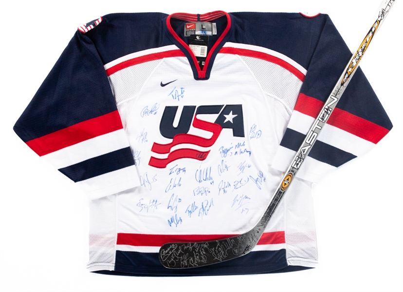 Team USA 2004 World Cup Team-Signed Jersey Including Leetch, Amonte, Chelios, Tkachuk and Modano and Early-2000s Chelios Charity Golf Classic Multi-Signed Stick Including Gretzky with LOA