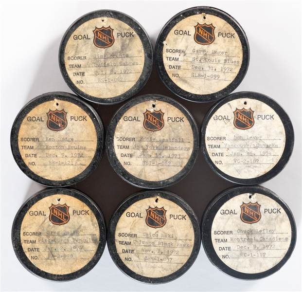 NHL Goal Pucks 1972-74 (8) Including Unger, Hodge, Lever, Lefley, Lorentz, Maki, Westfall and Polis