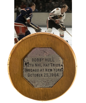Bobby Hulls 1964-65 12th Career NHL Hat Trick Puck with LOA 