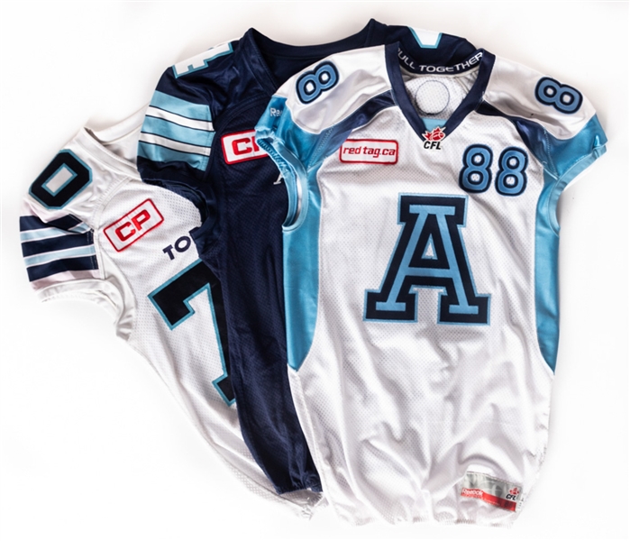Dave Stalas 2015 Toronto Argonauts Game-Worn Alternate Jersey Plus Bryan Hall and Lirim Harjrullahu 2019 Game-Worn Preseason Jerseys with LOAs