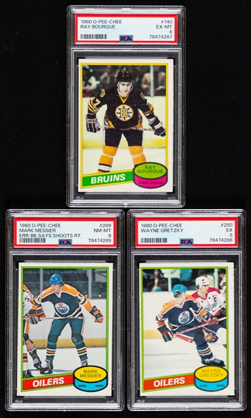 1980-81 O-Pee-Chee Hockey Complete 396-Card Set Including PSA-Graded Cards #140 HOFer Ray Bourque Rookie (EX-MT 6), #250 HOFer Wayne Gretzky (EX 5) and #289 HOFer Mark Messier Rookie (NM-MT 8)