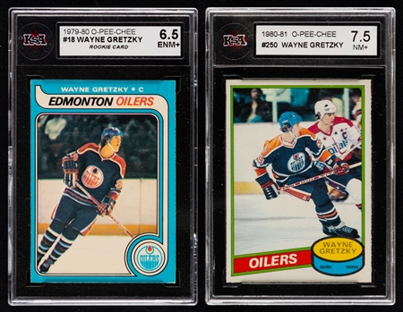 1979-80 O-Pee-Chee Hockey Card #18 HOFer Wayne Gretzky Rookie (Graded KSA 6.5) and 1980-81 O-Pee-Chee #250 (Graded KSA 7.5)