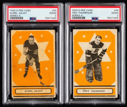 1933-34 O-Pee-Chee V304 Series "B" Hockey Near Complete Set (19/24) with PSA-Graded Cards (2) Inc. HOFers #50 Aurel Joliat (GD 2) and #68 Tiny Thompson Rookie (GD 2) Plus 1933-34 OPC Hockey Card Album