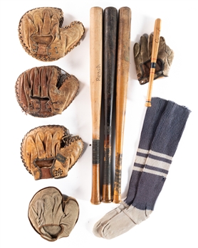 Vintage 1910s to 1930s Baseball Glove, Bat and Equipment Lot of 10 including Mickey Cochrane Reach Signature Model Cathers Mitt