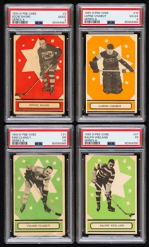 1933-34 O-Pee-Chee V304 Series "A" Hockey Starter Set (29/48) with PSA-Graded Cards (4) Inc. #3 Shore Rookie (GD 2), #18 Chabot Rookie (VG-EX 4), #27 Weiland Rookie (PR 1) and #31 Clancy (FR 1.5)
