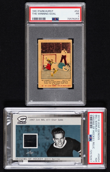 1951-52 Parkhurst Hockey Card #52 The Winning Goal (PSA 1), 2016 Leaf Genesis Origins of Hockey Card #OH-04 Bill Barilko 1947 1st NHL All-Star Game (4/5) (PSA 7) Plus 1945-54 Barilko Quaker Oats Photo