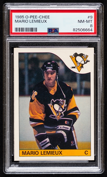 1985-86 O-Pee-Chee Hockey Card #9 HOFer Mario Lemieux Rookie - Graded PSA 8