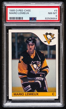 1985-86 O-Pee-Chee Hockey Card #9 HOFer Mario Lemieux Rookie - Graded PSA 8