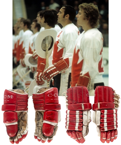Frank Mahovlichs 1972 Canada-Russia Series CCM Signed Game-Worn Gloves - Photo-Matched!