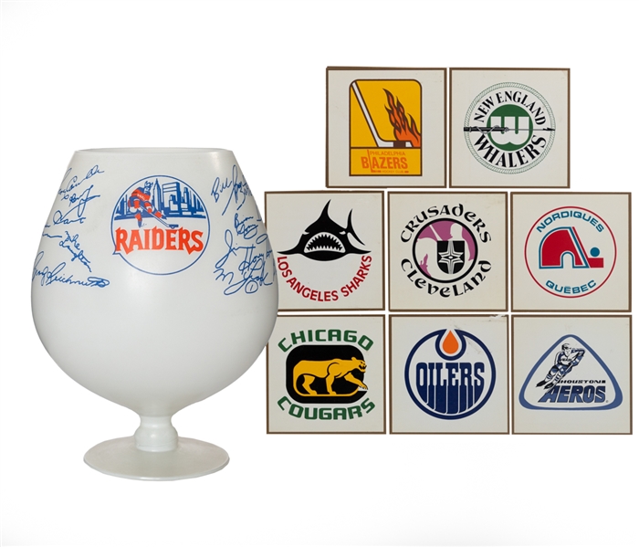 WHA Coasters (9) and New York Raiders / Golden Blades Goblet with Facsimile Signatures 
