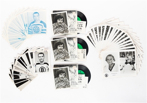 Boston Bruins 1957-58 (17) and 1978-79 (21) Team-Issued Photos with Envelopes Plus Derek Sanderson "Ballad of Derek the Turk" 45 Records (3)