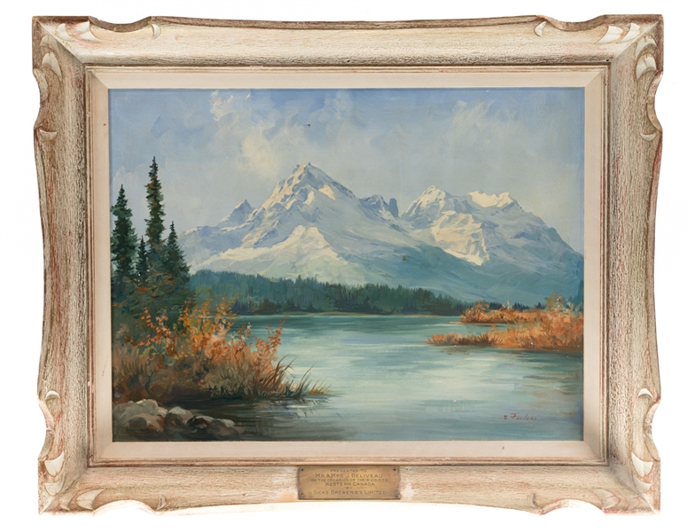 20th Century Mountainscape Oil Paining on Canvas by Emilia Forleni Presented Mr. & Mrs. Jean Beliveau by Sicks Breweries (29 1/4" x 24")