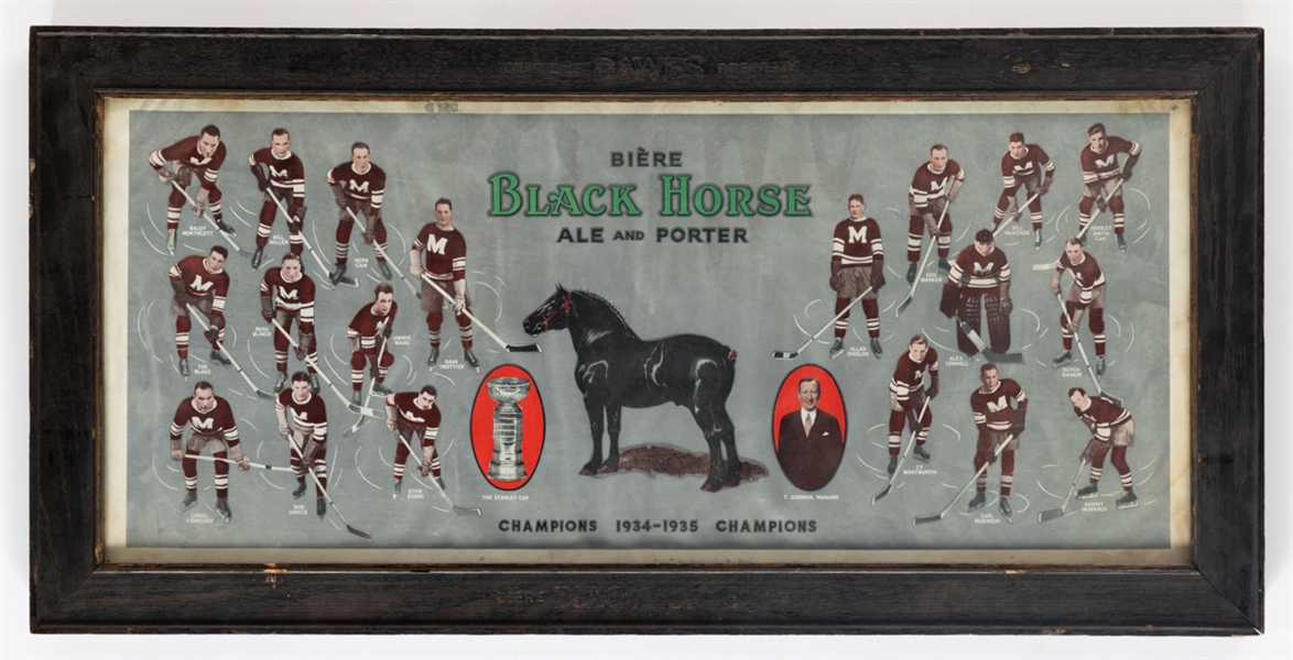 Montreal Maroons 1934-35 Stanley Cup Champions Black Horse Ale Advertising Display in the Original Frame (16 1/2" x 33 1/2")