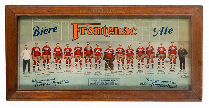 Montreal Canadiens 1930-31 Stanley Cup Champions "Frontenac Beer" Advertising Team Picture in Original Frame Featuring HOFers Morenz, Joliat, Hainsworth, Mantha and Dandurand (16 ½” x 33 ½”)