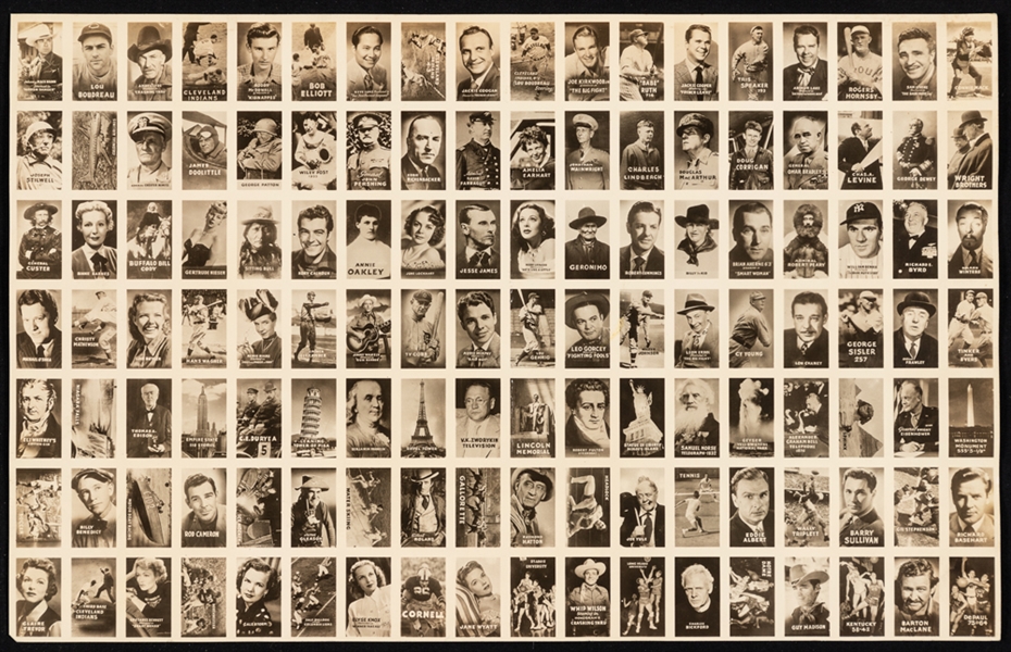 1948 Topps Magic Photos 126-Card Series 1 Uncut Sheet Including Babe Ruth, Lou Gehrig, Walter Johnson, Ty Cobb and Cy Young Plus 1948 Topps Magic Photos Hocus Focus Advertisement 