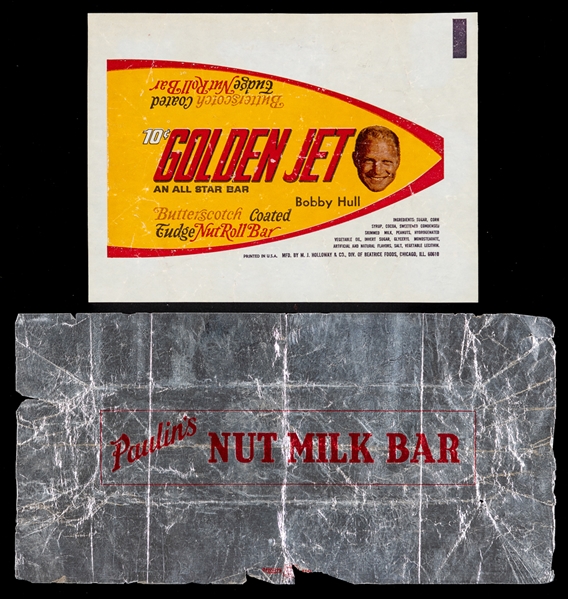 Vintage Paulins Nut Milk Bar Wrapper and 1969-70 Bobby Hull All-Star Bar Wrapper