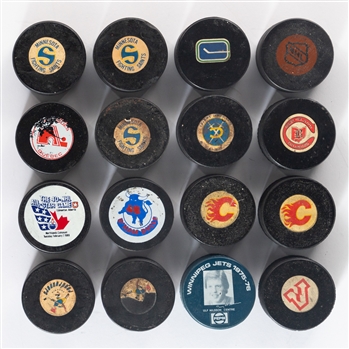 NHL, WHA, AHL, WHL, Canadian Junior and Souvenir Puck Collection of 178