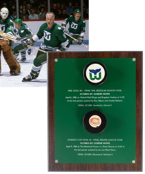 Gordie Howes April 6th 1980 "Final NHL Regular Season Goal #801 - NHL Career Point #1850" Milestone Puck and April 9th 1980 "Final NHL Stanley Cup Playoffs Goal #68" Milestone Puck Plaque Display