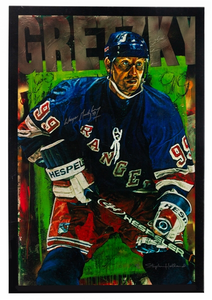 Stephen Hollands "Wayne Gretzky New York Rangers" Gretzky and Holland Dual-Signed Enhanced Giclee on Canvas (97/99) with COA (42" x 28")
