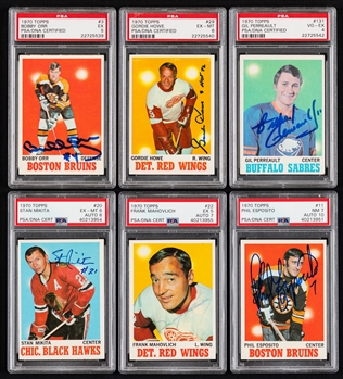 1970-71 Topps Hockey Signed Hockey Card Near Complete Set (120/132) with PSA/DNA Certified Cards (18 - All Graded) Inc. HOFers #3 Bobby Orr, #29 Gordie Howe and #131 Gilbert Perreault Rookie